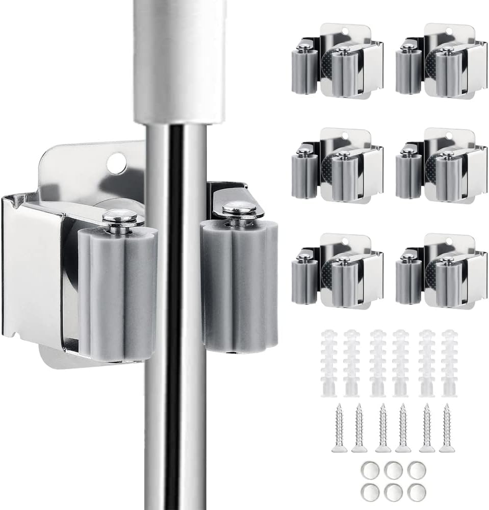 6PCS Broom and Mop Holder, Heavy Duty Garden Tool Organizer Rack Rake and Shovel Handle, Stainless Steel Mop Hanger. Screws for Wall Mounted. Matte Black