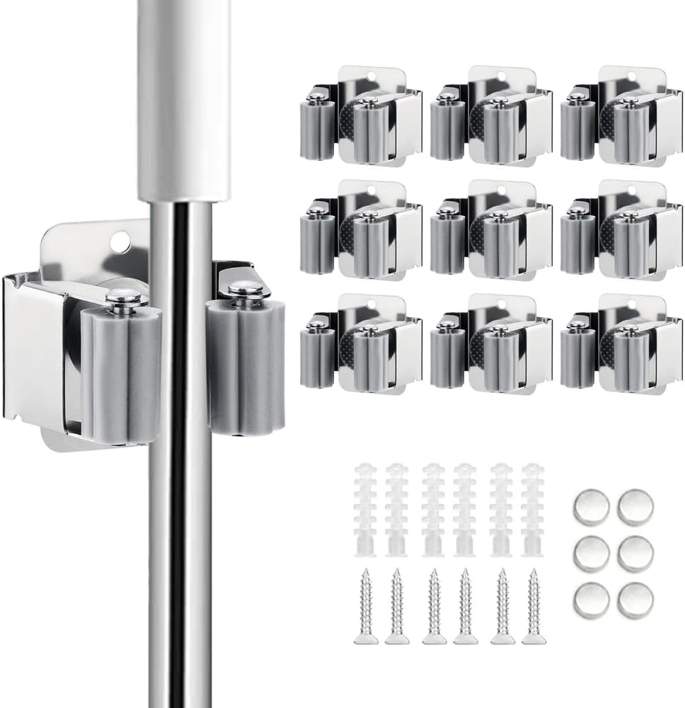 6PCS Broom and Mop Holder, Heavy Duty Garden Tool Organizer Rack Rake and Shovel Handle, Stainless Steel Mop Hanger. Screws for Wall Mounted. Matte Black