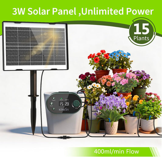 Solar Drip Irrigation System Kit, Auto Plant Waterer for 15 Pots