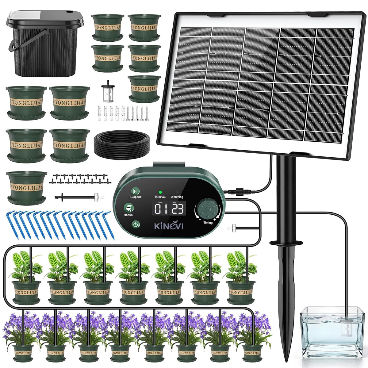 Solar Drip Irrigation System Kit, Auto Plant Waterer for 15 Pots