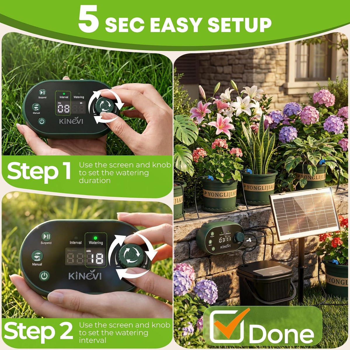 Solar Drip Irrigation System Kit, Auto Plant Waterer for 15 Pots