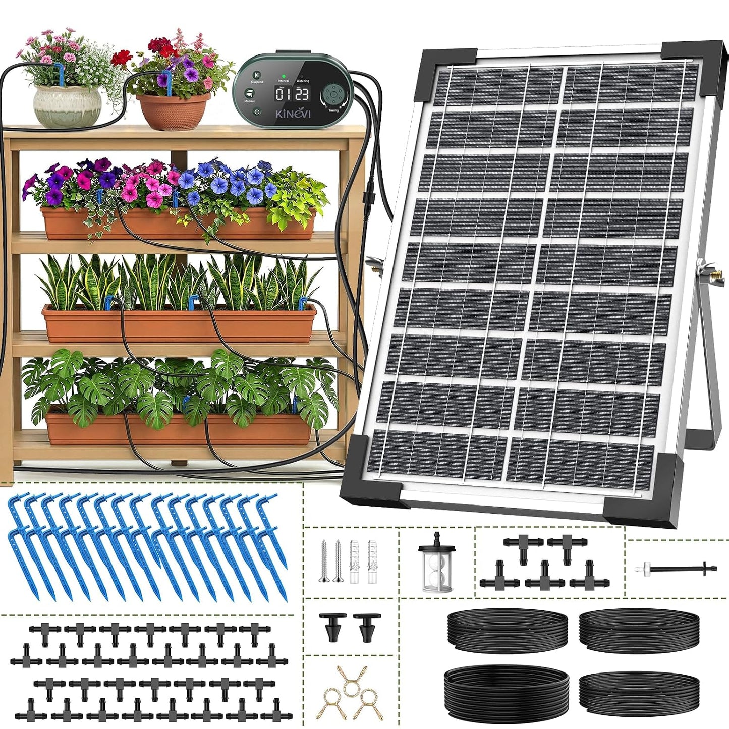 Solar Drip Irrigation System Kit, Auto Plant Waterer for 15 Pots