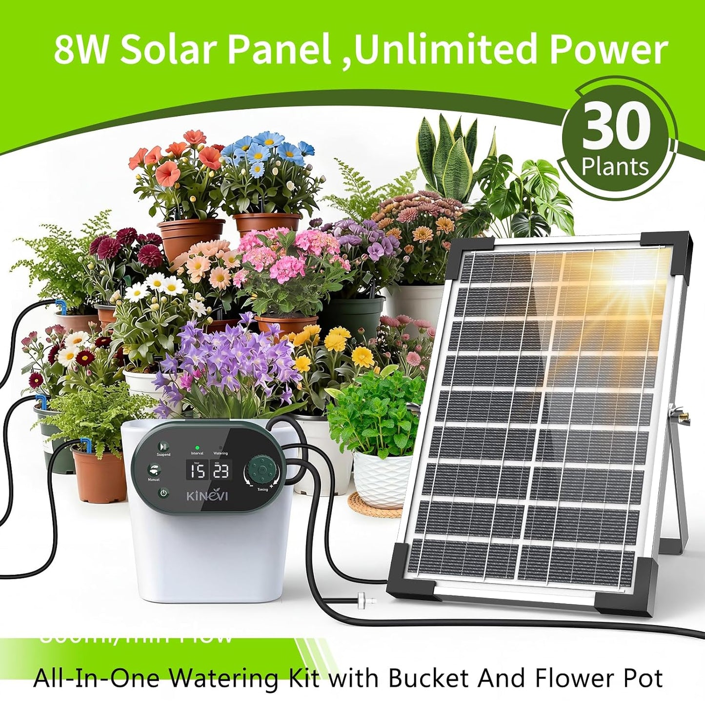 Solar Drip Irrigation System Kit, Auto Plant Waterer for 15 Pots