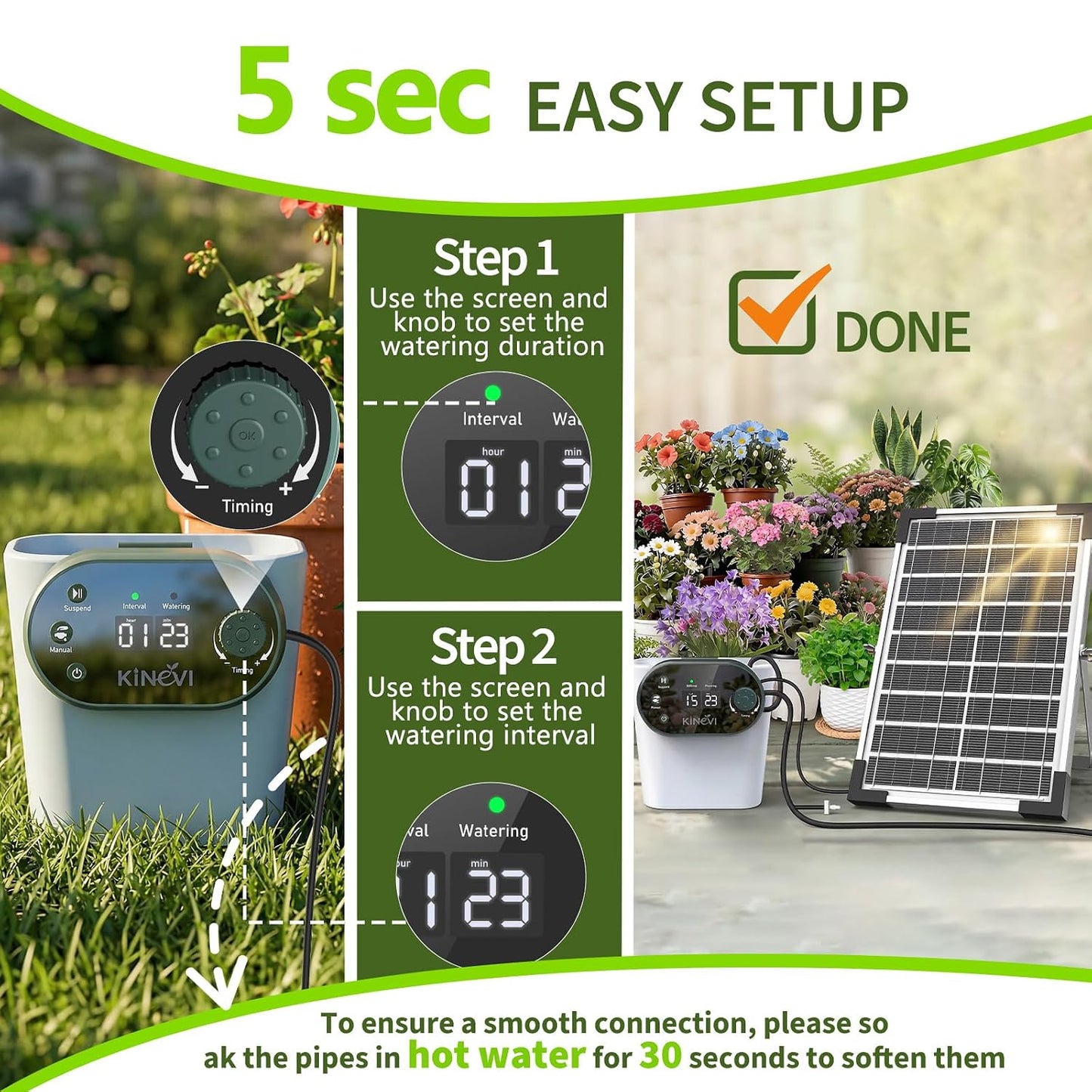 Solar Drip Irrigation System Kit, Auto Plant Waterer for 15 Pots