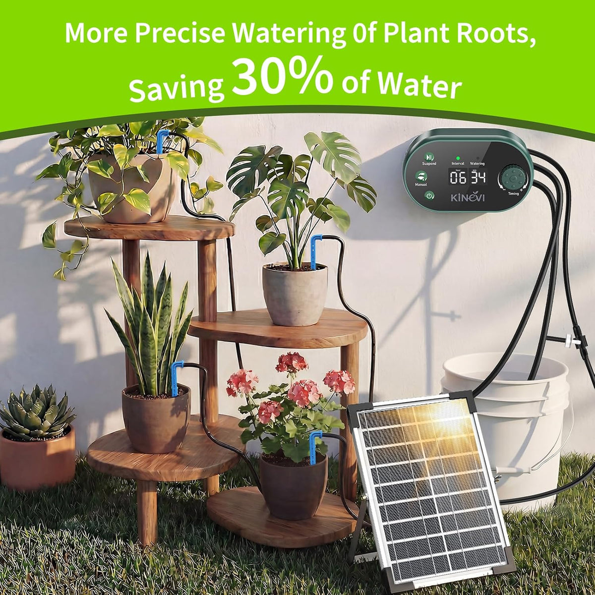 Solar Drip Irrigation System Kit, Auto Plant Waterer for 15 Pots
