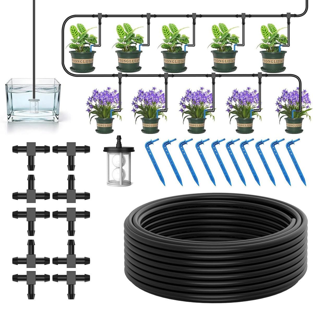 Solar Drip Irrigation System Kit, Auto Plant Waterer for 15 Pots