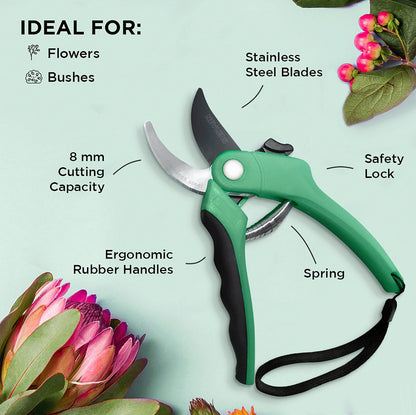 8" Green Bypass Pruning Shears Heavy Duty Pruning Scissors