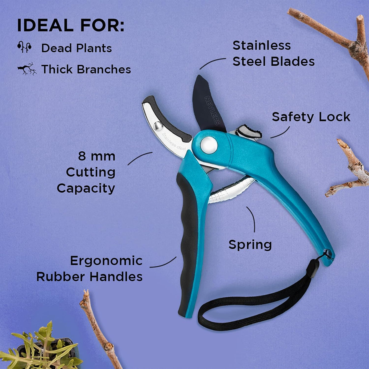 8" Green Bypass Pruning Shears Heavy Duty Pruning Scissors