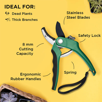 8" Green Bypass Pruning Shears Heavy Duty Pruning Scissors