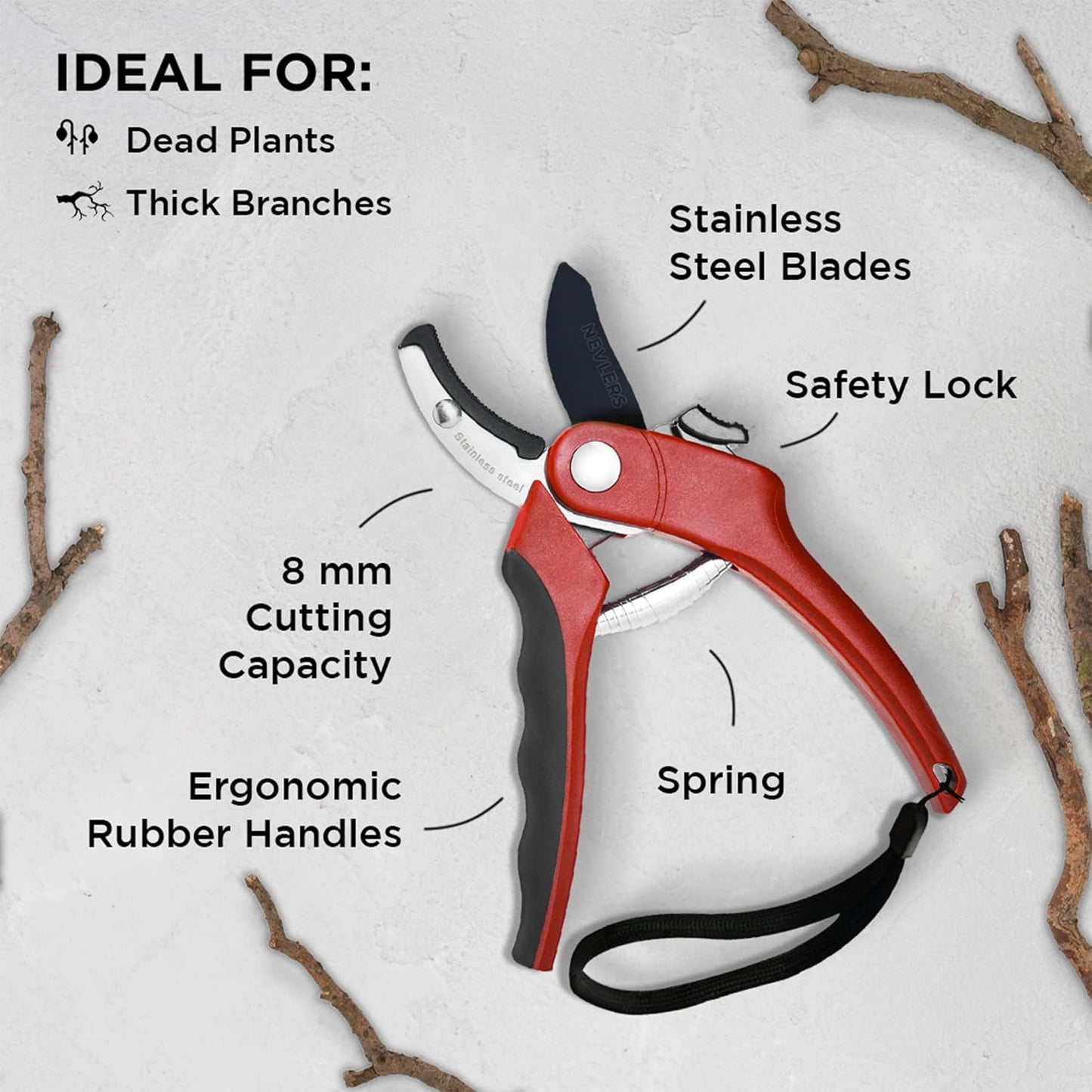 8" Green Bypass Pruning Shears Heavy Duty Pruning Scissors