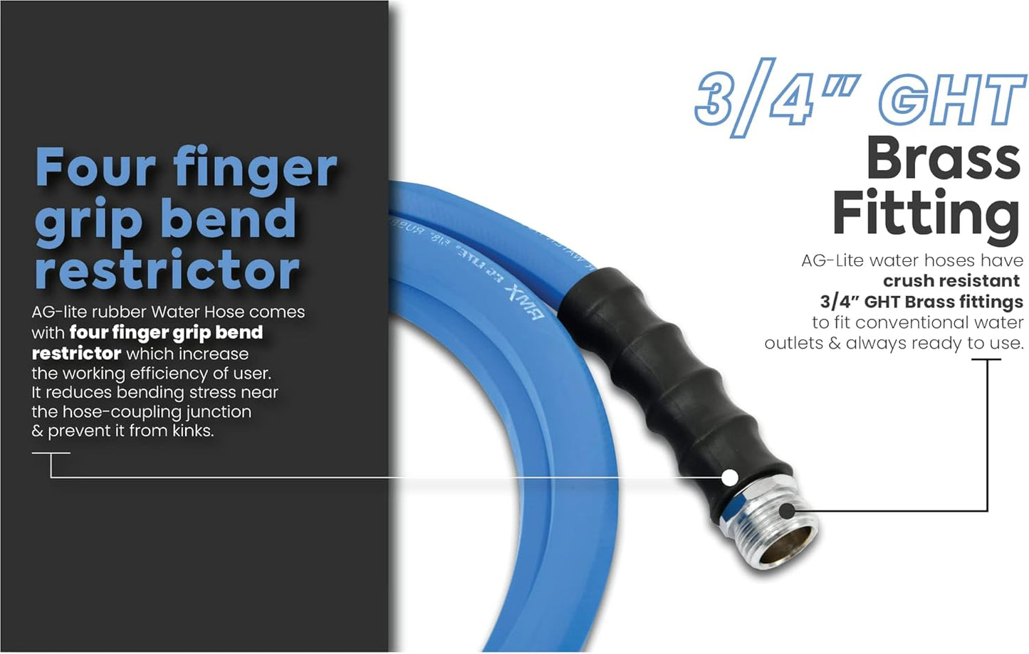 AG-LITE AL3415 3/4" x 15' Rubber Farm & Ranch Water Hose, Lightweight, 500 PSI, 50F to 190F Degree, Polyester Braided, Brass GHT Fittings, 4 Finger-Grip Bend Restrictor, Agriculture & Industrial Use