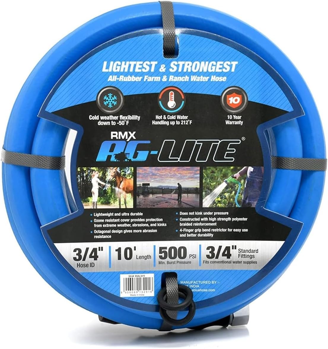 AG-LITE AL3415 3/4" x 15' Rubber Farm & Ranch Water Hose, Lightweight, 500 PSI, 50F to 190F Degree, Polyester Braided, Brass GHT Fittings, 4 Finger-Grip Bend Restrictor, Agriculture & Industrial Use