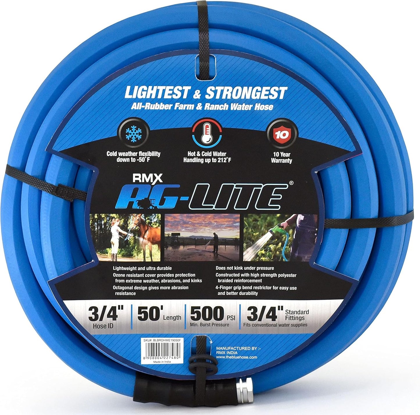 AG-LITE AL3415 3/4" x 15' Rubber Farm & Ranch Water Hose, Lightweight, 500 PSI, 50F to 190F Degree, Polyester Braided, Brass GHT Fittings, 4 Finger-Grip Bend Restrictor, Agriculture & Industrial Use