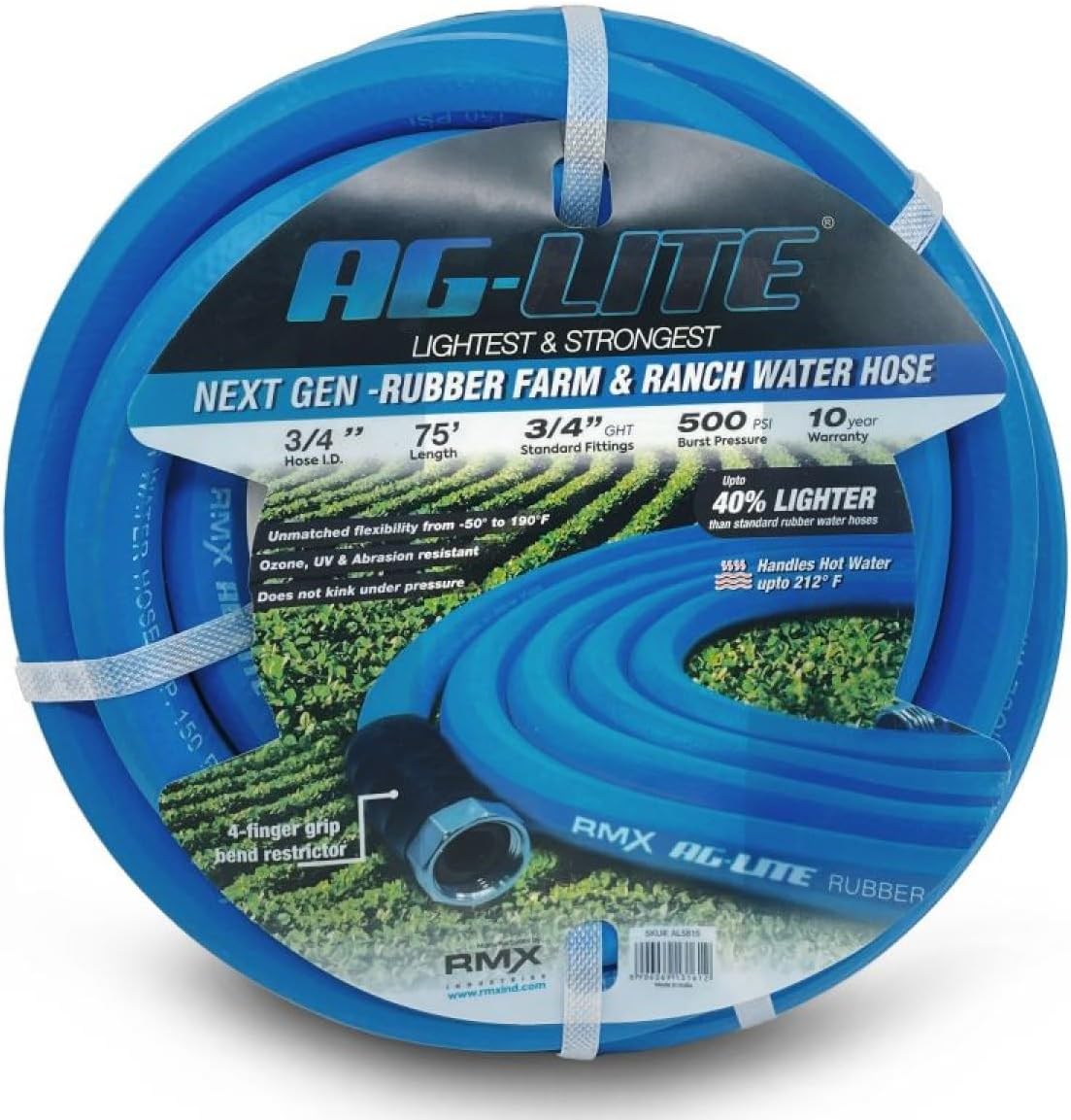 AG-LITE AL3415 3/4" x 15' Rubber Farm & Ranch Water Hose, Lightweight, 500 PSI, 50F to 190F Degree, Polyester Braided, Brass GHT Fittings, 4 Finger-Grip Bend Restrictor, Agriculture & Industrial Use