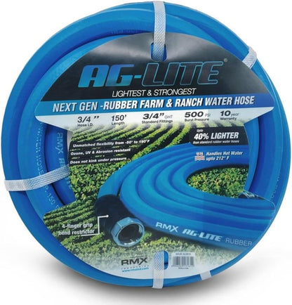 AG-LITE AL3415 3/4" x 15' Rubber Farm & Ranch Water Hose, Lightweight, 500 PSI, 50F to 190F Degree, Polyester Braided, Brass GHT Fittings, 4 Finger-Grip Bend Restrictor, Agriculture & Industrial Use