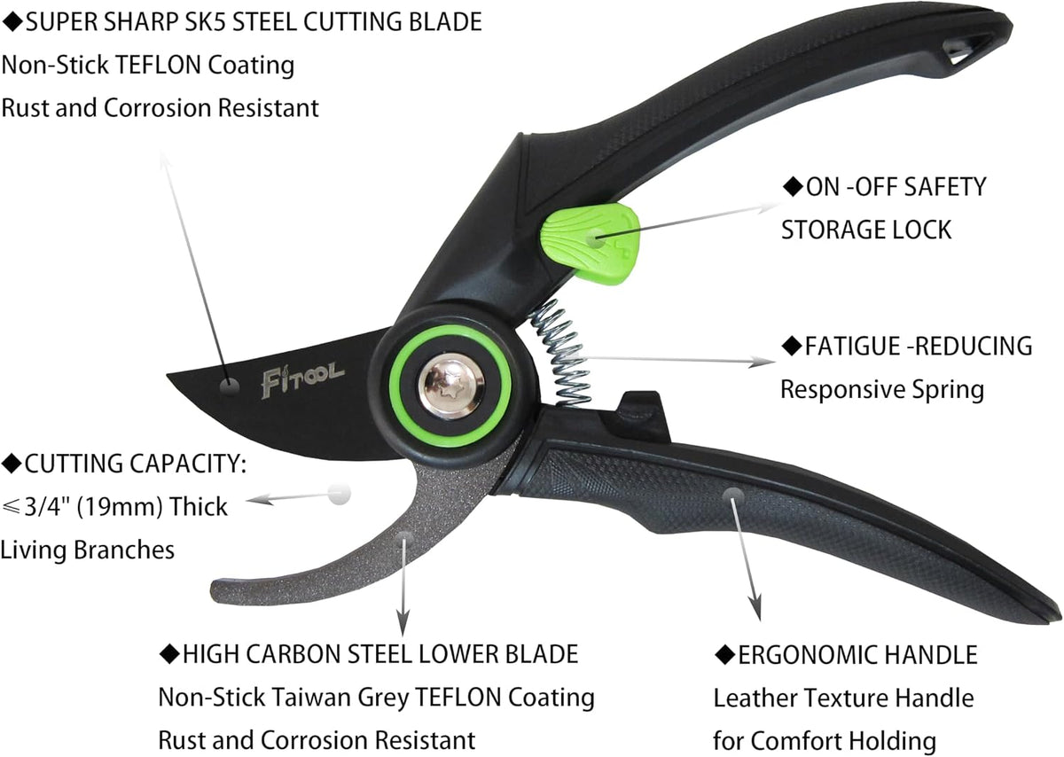 Professional Secateurs, with Super Sharp SK5 Steel Blades, Gardening Hand Clippers Pruners, Garden Trimming Scissors, Pruning Shears 8-Inch (Bypass)