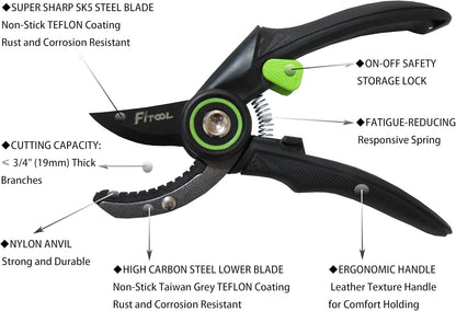 Professional Secateurs, with Super Sharp SK5 Steel Blades, Gardening Hand Clippers Pruners, Garden Trimming Scissors, Pruning Shears 8-Inch (Bypass)