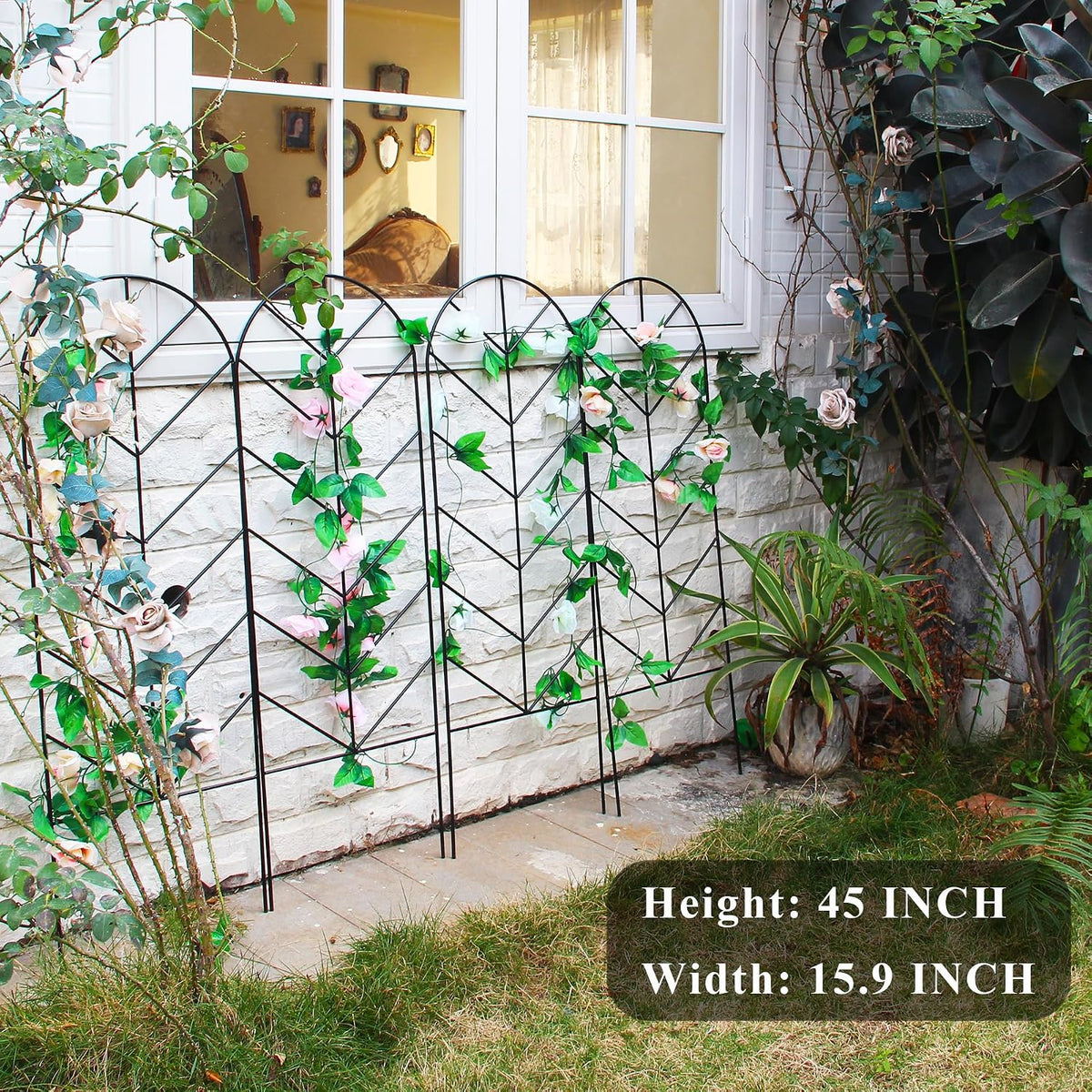 4 Pack Black Garden Trellis 45” x 15.9” for Climbing Plant Rustproof Iron Plant Support Patio Flower Metal Trelli Wire Lattices Grid Panels for Ivy Cucumbers Clematis Roses