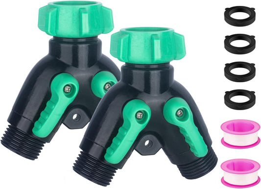 2 Pack Garden Hose Splitter 2 Ways Water Hose Splitter Heavy Duty Plastic 3/4" Hose Y Splitter Outdoor Faucet Splitter with Leak Proof Tape and 4 Extra Rubber Gaskets