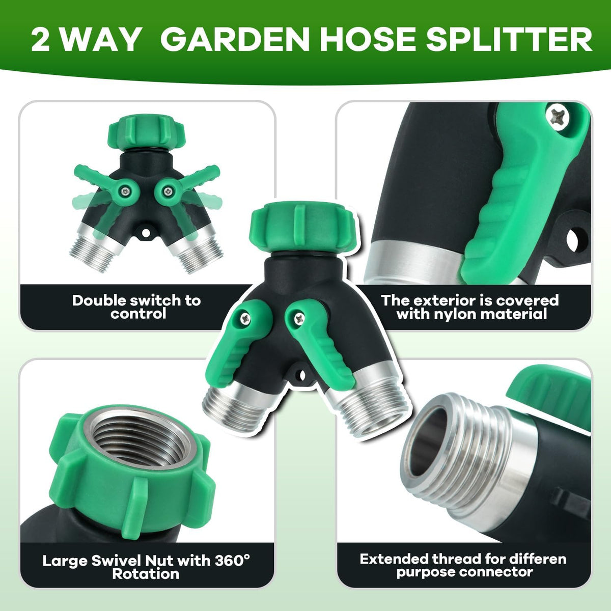 2 Pack Garden Hose Splitter 2 Ways Water Hose Splitter Heavy Duty Plastic 3/4" Hose Y Splitter Outdoor Faucet Splitter with Leak Proof Tape and 4 Extra Rubber Gaskets