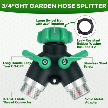 2 Pack Garden Hose Splitter 2 Ways Water Hose Splitter Heavy Duty Plastic 3/4" Hose Y Splitter Outdoor Faucet Splitter with Leak Proof Tape and 4 Extra Rubber Gaskets