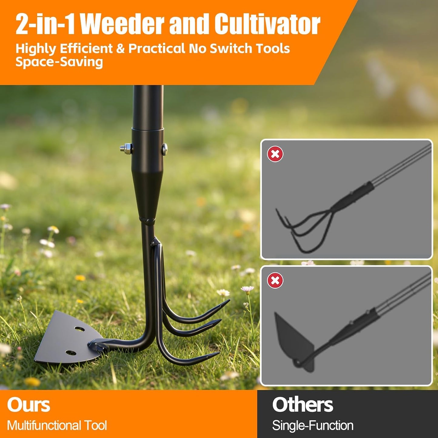 65 Inch 2-in-1 Hoe and Cultivator Garden Tool, Heavy Duty Garden Hoe with 3-Tine Tiller Rake for Weeding and Soil Loosening, Long Handle Stand Up Weed Removal Tool for Planting, Digging & Gardening