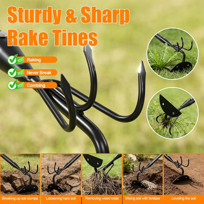 65 Inch 2-in-1 Hoe and Cultivator Garden Tool, Heavy Duty Garden Hoe with 3-Tine Tiller Rake for Weeding and Soil Loosening, Long Handle Stand Up Weed Removal Tool for Planting, Digging & Gardening