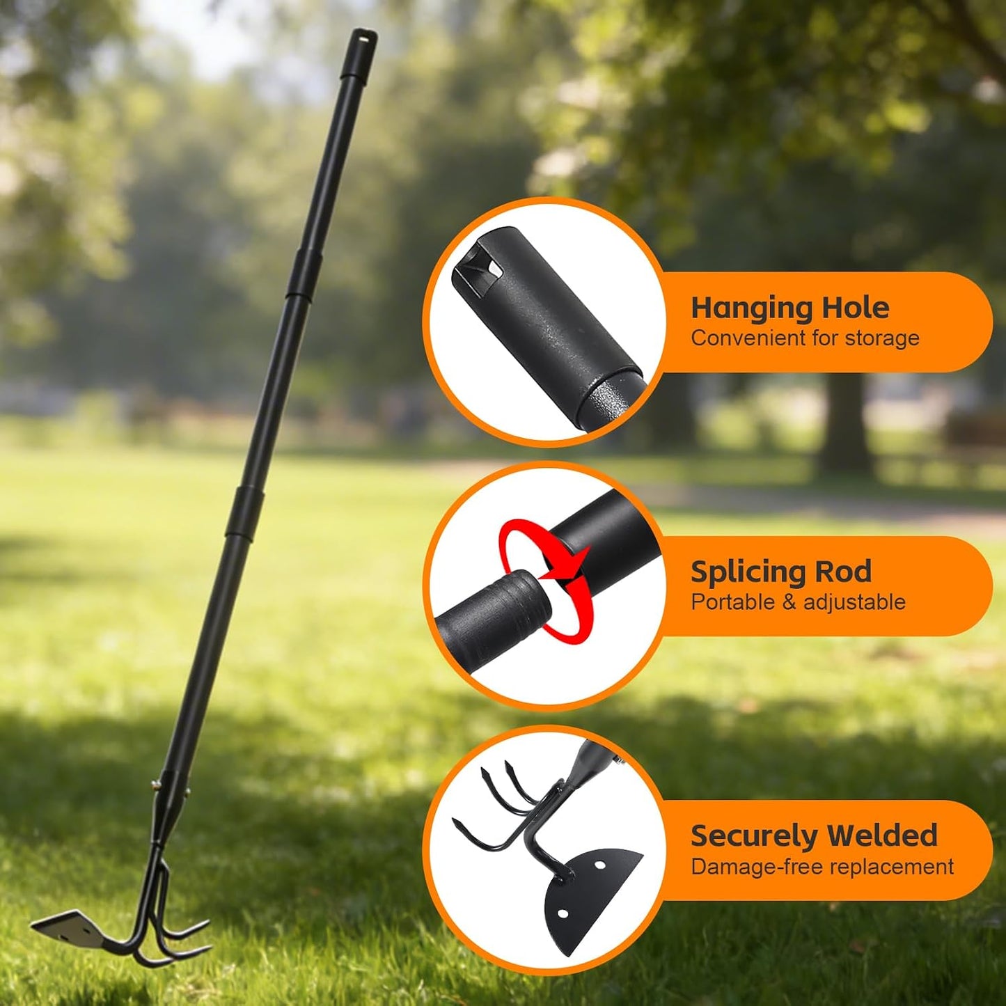 65 Inch 2-in-1 Hoe and Cultivator Garden Tool, Heavy Duty Garden Hoe with 3-Tine Tiller Rake for Weeding and Soil Loosening, Long Handle Stand Up Weed Removal Tool for Planting, Digging & Gardening