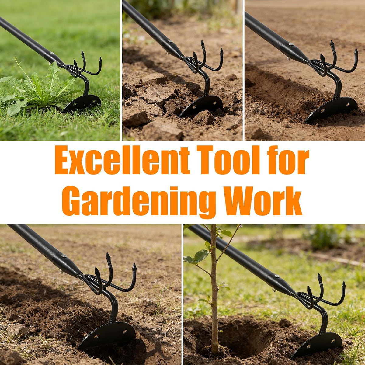 65 Inch 2-in-1 Hoe and Cultivator Garden Tool, Heavy Duty Garden Hoe with 3-Tine Tiller Rake for Weeding and Soil Loosening, Long Handle Stand Up Weed Removal Tool for Planting, Digging & Gardening