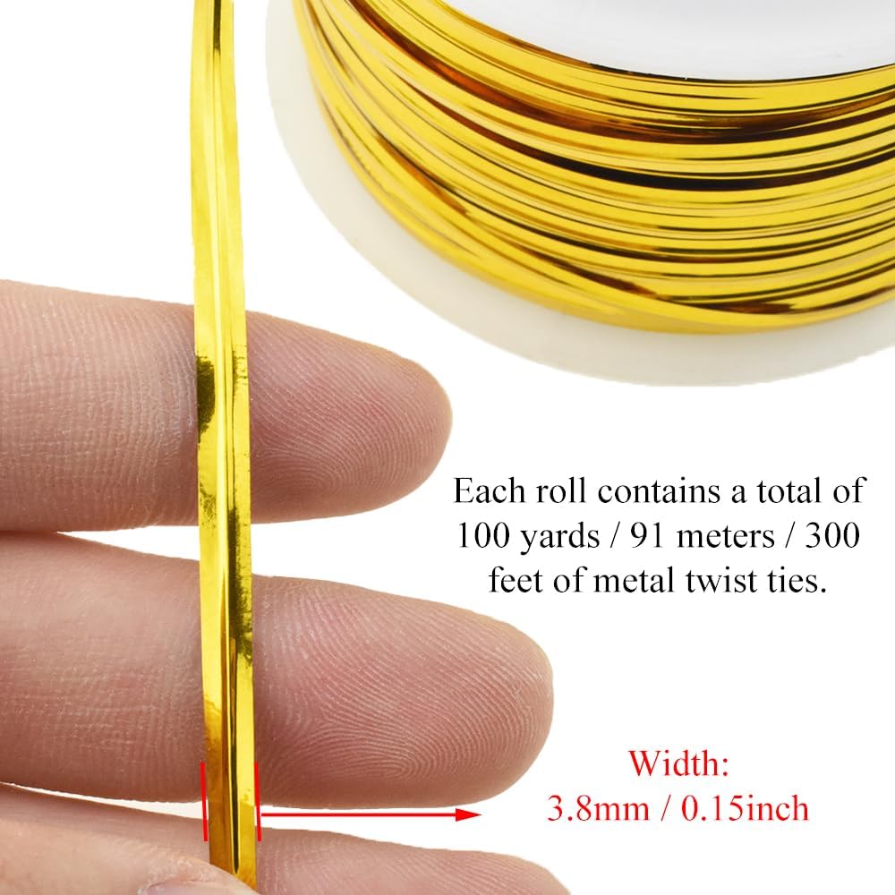 100Yards/300Feet/91M Gold Metal Twist Ties for Bread, Candy, Coffee, Plant Garden, Cellophane Treat, Gift Wrapping, Plastic Bags - Halloween Party, Cake Present, Art Craft
