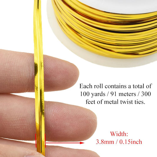 100Yards/300Feet/91M Gold Metal Twist Ties for Bread, Candy, Coffee, Plant Garden, Cellophane Treat, Gift Wrapping, Plastic Bags - Halloween Party, Cake Present, Art Craft