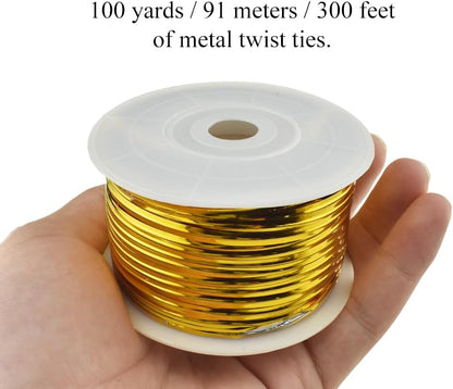 100Yards/300Feet/91M Gold Metal Twist Ties for Bread, Candy, Coffee, Plant Garden, Cellophane Treat, Gift Wrapping, Plastic Bags - Halloween Party, Cake Present, Art Craft