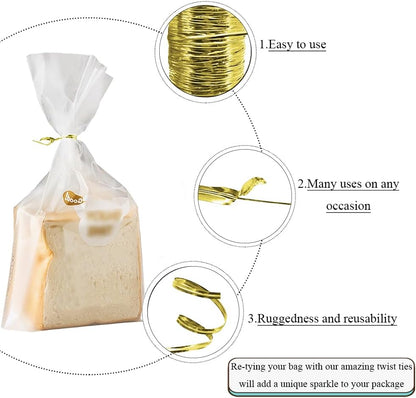 100Yards/300Feet/91M Gold Metal Twist Ties for Bread, Candy, Coffee, Plant Garden, Cellophane Treat, Gift Wrapping, Plastic Bags - Halloween Party, Cake Present, Art Craft
