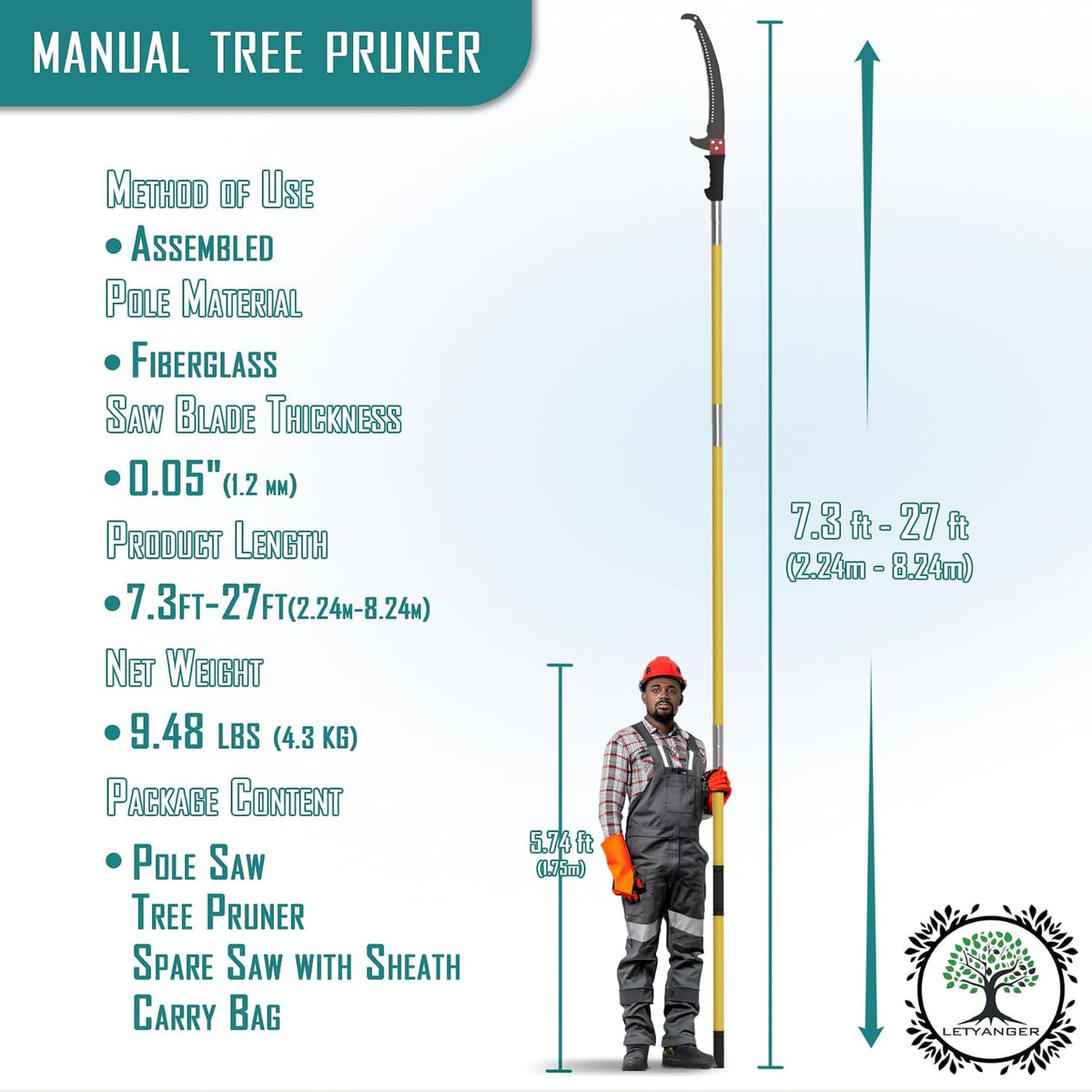 7.3-27FT Extendable Long Handle Pole Saw with Blade and Branch Scissors