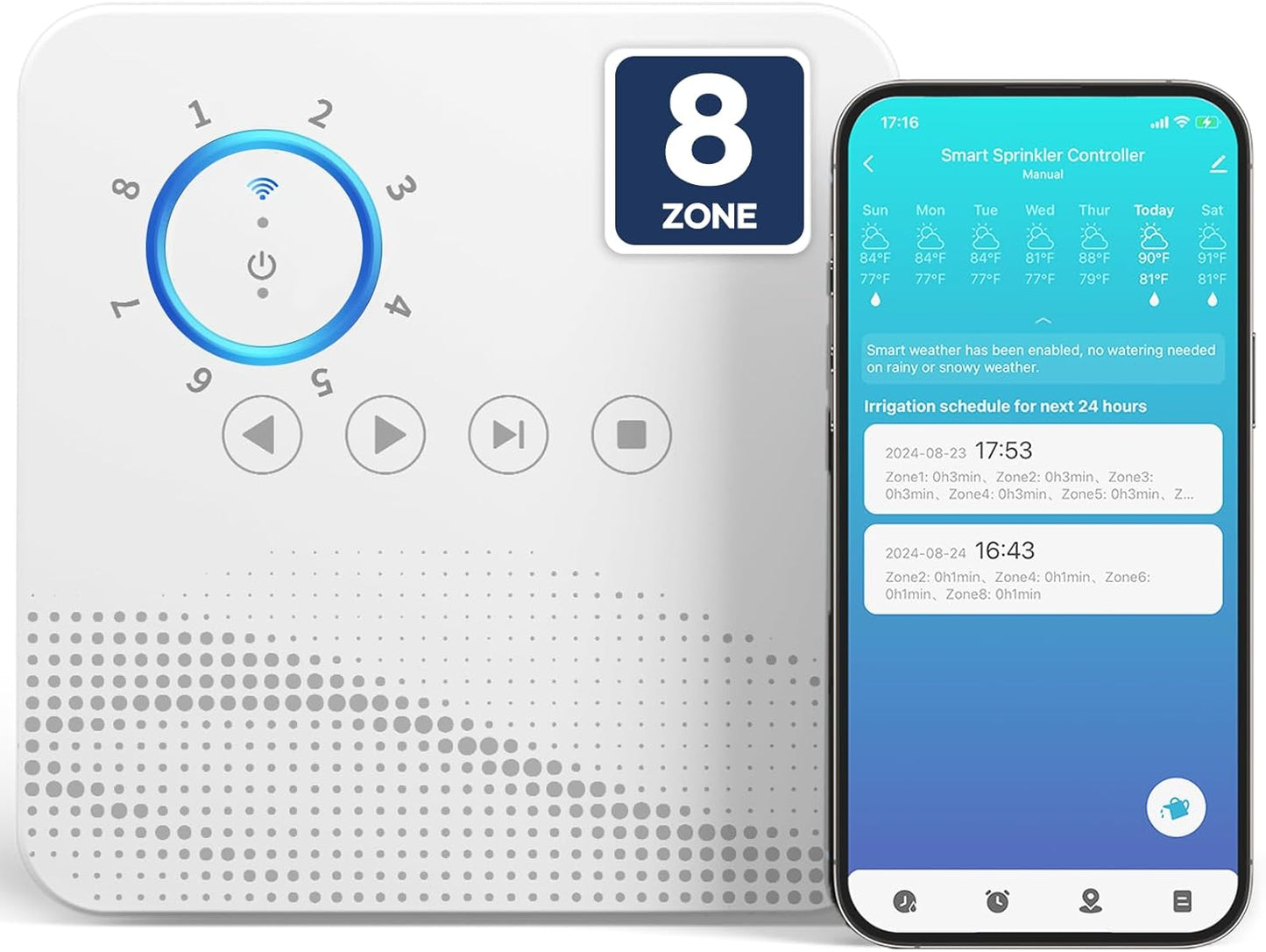 Smart Sprinkler Controller WiFi with External Antenna 8 Zone , Strong Signal Irrigation Timer, App & Panel Dual Control, Indoor Watering System with Weather Intelligence, 24VAC Compatible