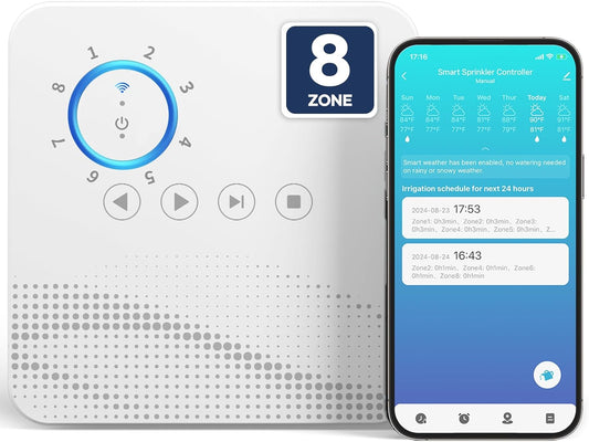Smart Sprinkler Controller WiFi with External Antenna 8 Zone , Strong Signal Irrigation Timer, App & Panel Dual Control, Indoor Watering System with Weather Intelligence, 24VAC Compatible