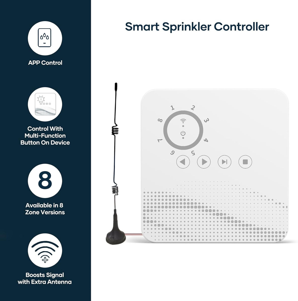 Smart Sprinkler Controller WiFi with External Antenna 8 Zone , Strong Signal Irrigation Timer, App & Panel Dual Control, Indoor Watering System with Weather Intelligence, 24VAC Compatible