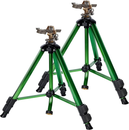 Impact Sprinkler Head on Tripod Base, Heavy Duty Lawn Sprinklers, 360 Degree Large Area Irrigation, Metal Sprinkler Nozzle & Solid Alloy Metal Extension Legs Flip Locks, 2 Pack