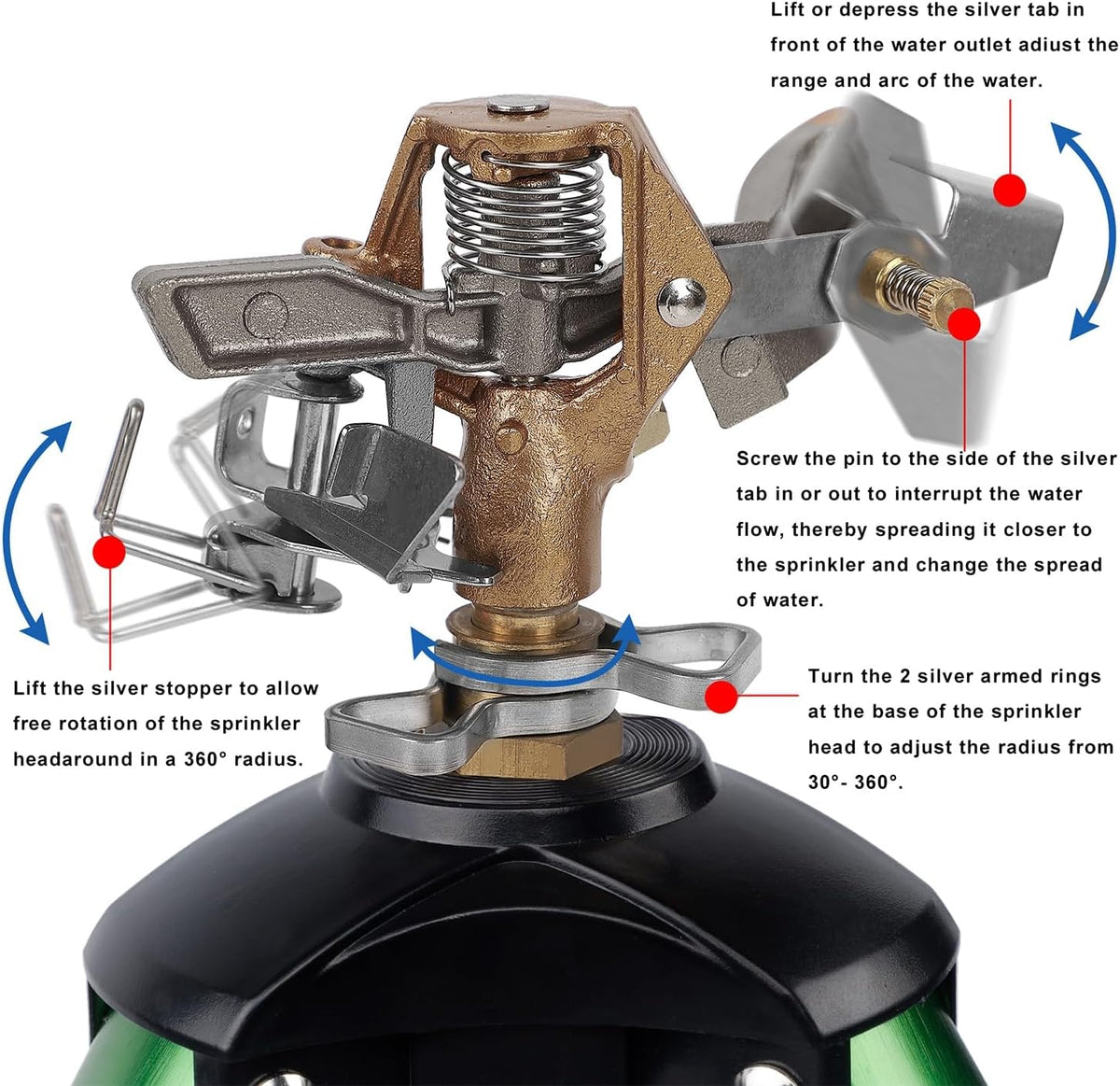Impact Sprinkler Head on Tripod Base, Heavy Duty Lawn Sprinklers, 360 Degree Large Area Irrigation, Metal Sprinkler Nozzle & Solid Alloy Metal Extension Legs Flip Locks, 2 Pack