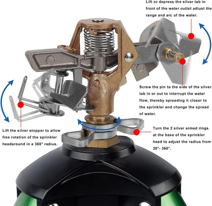 Impact Sprinkler Head on Tripod Base, Heavy Duty Lawn Sprinklers, 360 Degree Large Area Irrigation, Metal Sprinkler Nozzle & Solid Alloy Metal Extension Legs Flip Locks, 2 Pack