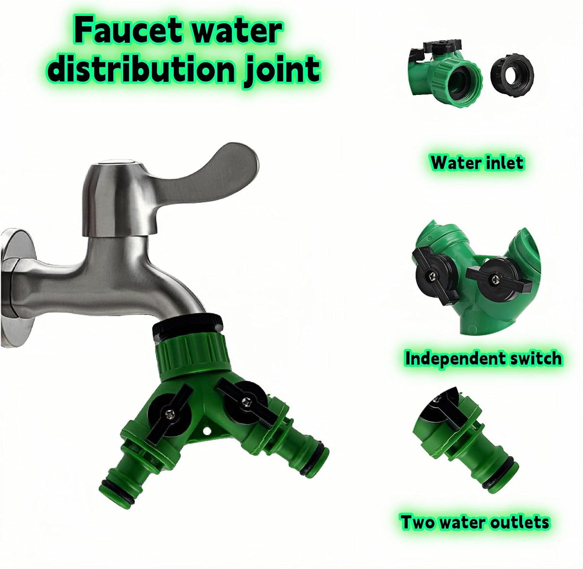 Dual Outlet Garden Water Splitter Y Valve, 2-Way Outdoor Faucet Divider with Independent Shut-Off, 3/4" & 1/2" Quick Connect, No Leak Hose Connector for Watering for Garden, Outdoor