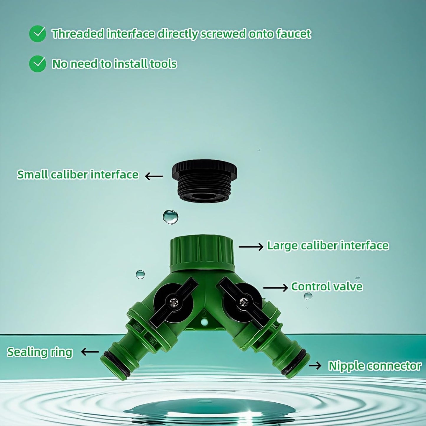 Dual Outlet Garden Water Splitter Y Valve, 2-Way Outdoor Faucet Divider with Independent Shut-Off, 3/4" & 1/2" Quick Connect, No Leak Hose Connector for Watering for Garden, Outdoor