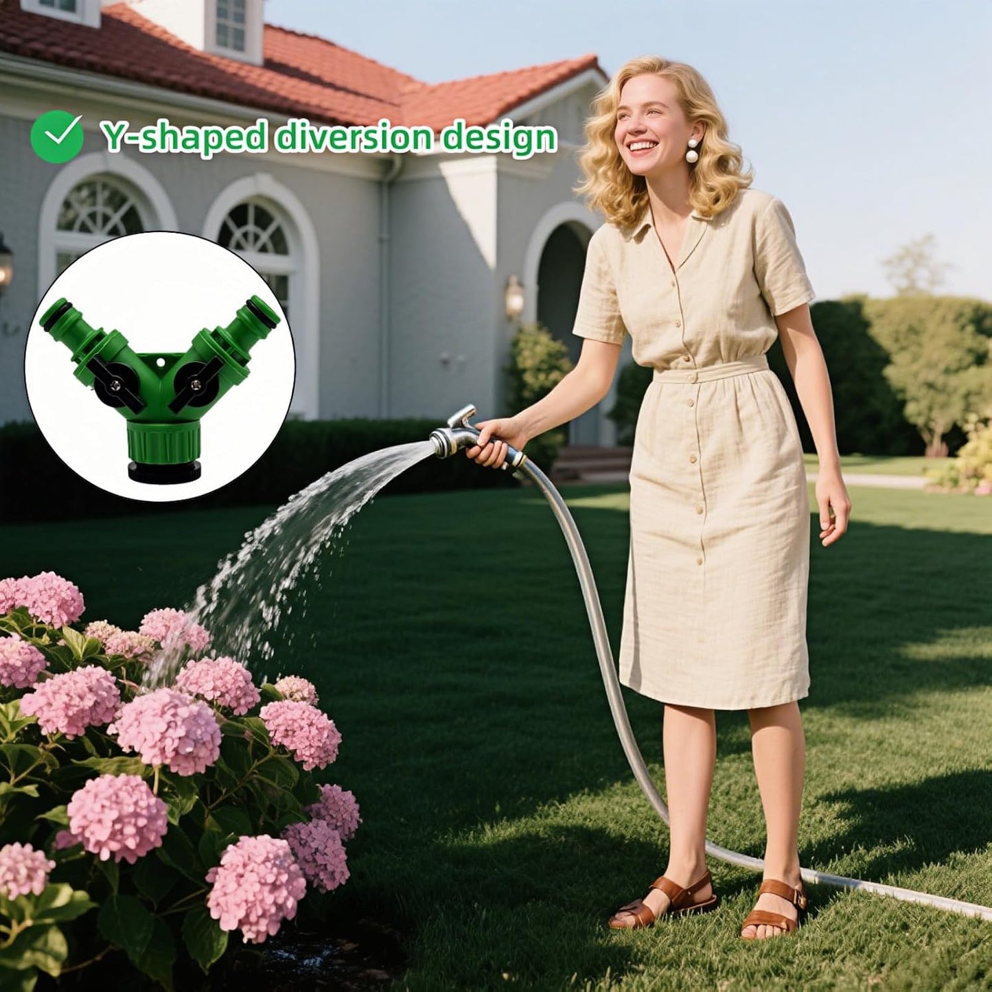 Dual Outlet Garden Water Splitter Y Valve, 2-Way Outdoor Faucet Divider with Independent Shut-Off, 3/4" & 1/2" Quick Connect, No Leak Hose Connector for Watering for Garden, Outdoor