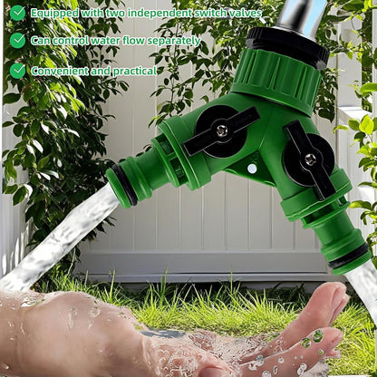 Dual Outlet Garden Water Splitter Y Valve, 2-Way Outdoor Faucet Divider with Independent Shut-Off, 3/4" & 1/2" Quick Connect, No Leak Hose Connector for Watering for Garden, Outdoor