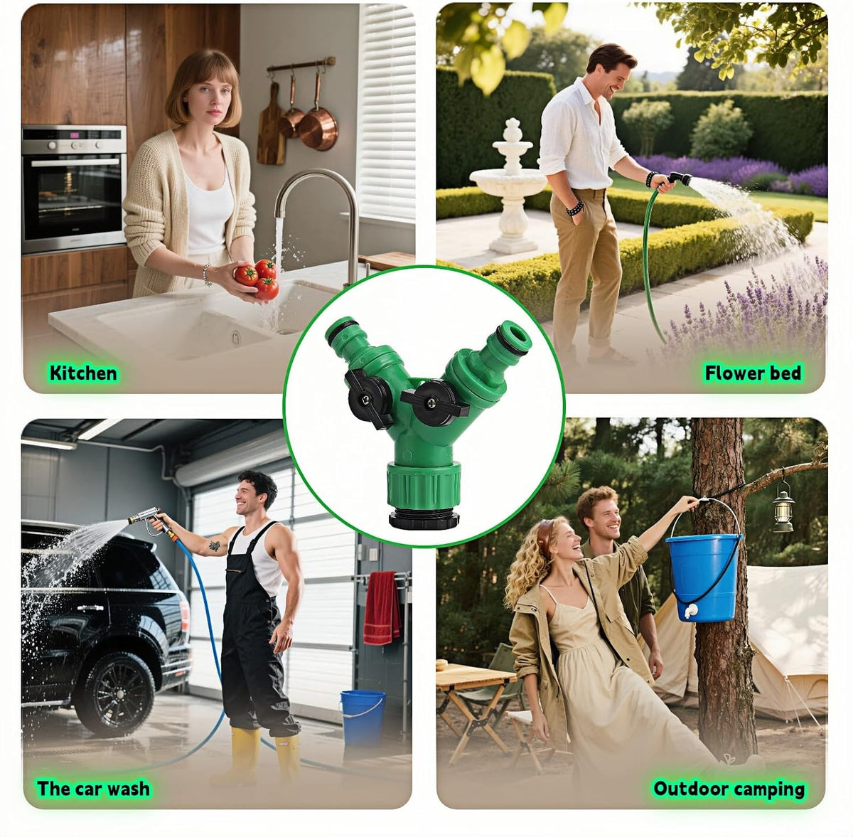 Dual Outlet Garden Water Splitter Y Valve, 2-Way Outdoor Faucet Divider with Independent Shut-Off, 3/4" & 1/2" Quick Connect, No Leak Hose Connector for Watering for Garden, Outdoor