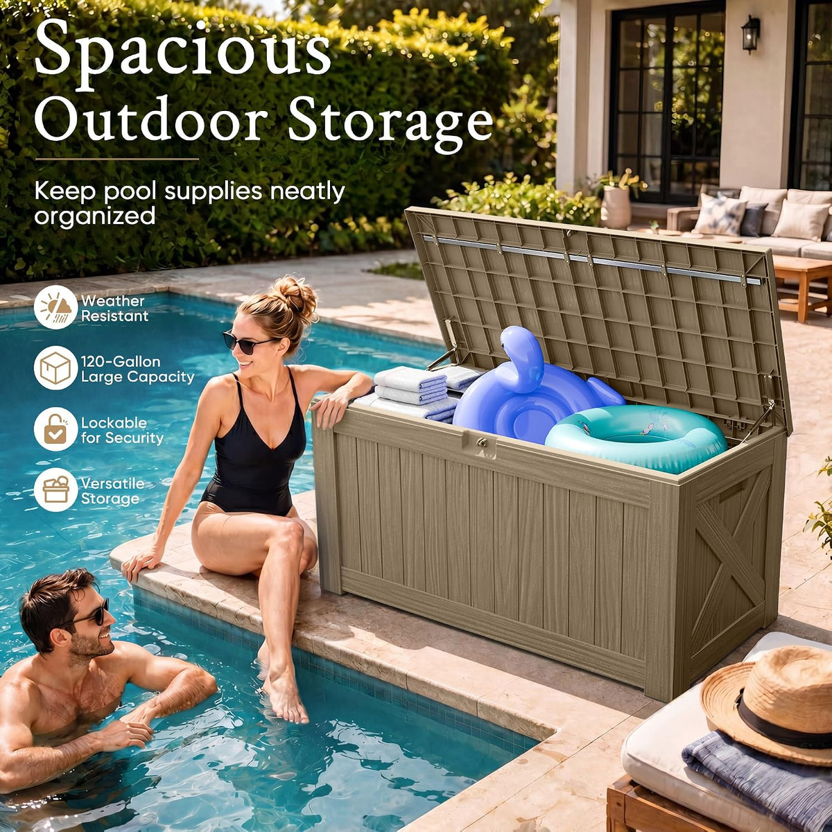 120 Gallon Deck Box Resin Outdoor Storage Box Waterproof