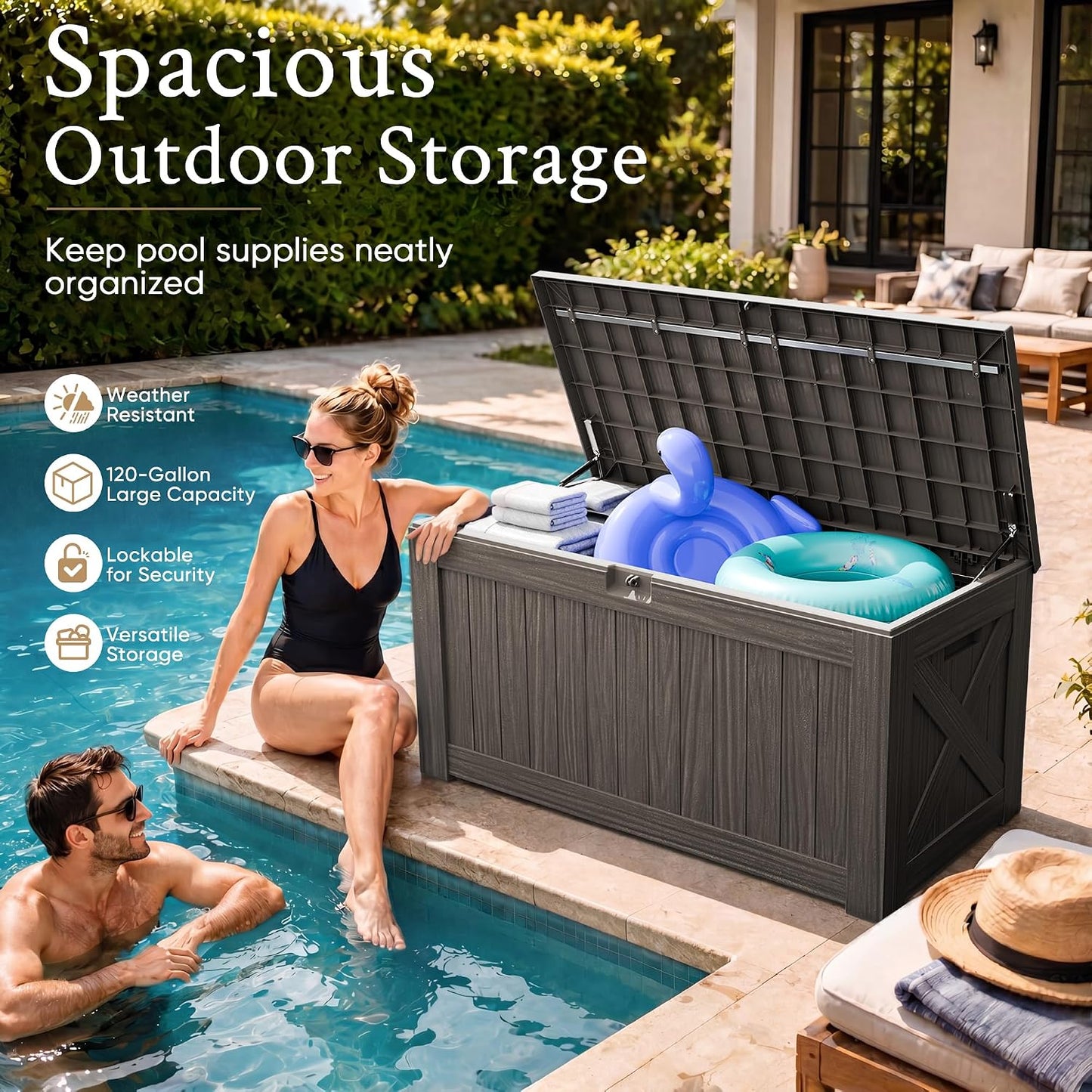 120 Gallon Deck Box Resin Outdoor Storage Box Waterproof