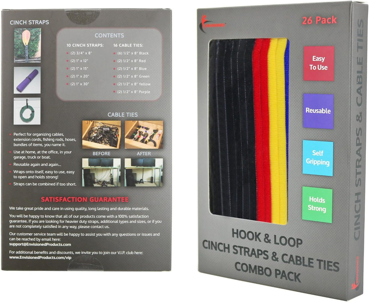 Reusable Cinch Straps 2" x 15" - 6 Pack, Multipurpose Strong Gripping, Quality Hook and Loop Securing Straps (Black) - Colors A