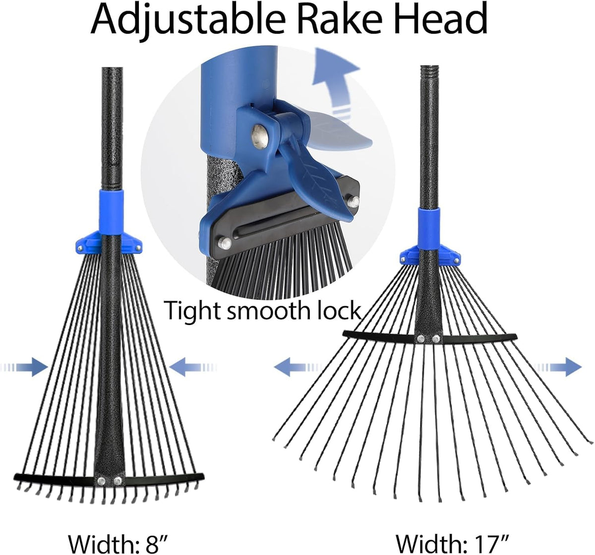 Adjustable Garden Leaf Rake 56 inch, Collapsible Metal Yard Rake for Leaves with Expandable Head 7-16", Collect Loose Debris for Lawns Camping Shrubs and Rose Bushes Heavy Duty