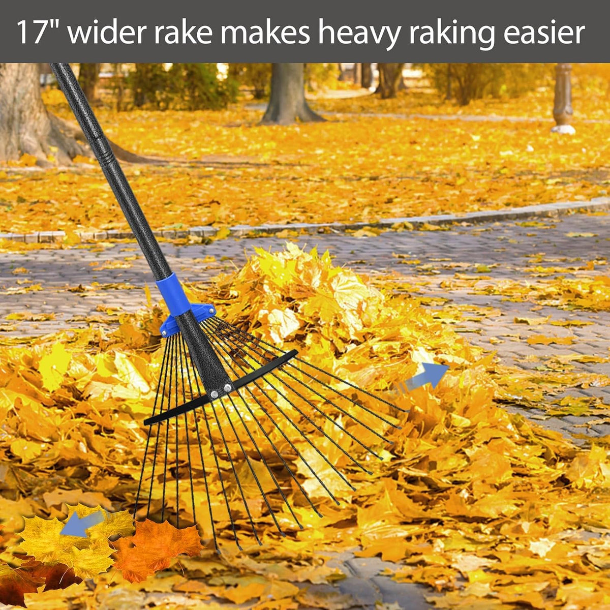 Adjustable Garden Leaf Rake 56 inch, Collapsible Metal Yard Rake for Leaves with Expandable Head 7-16", Collect Loose Debris for Lawns Camping Shrubs and Rose Bushes Heavy Duty